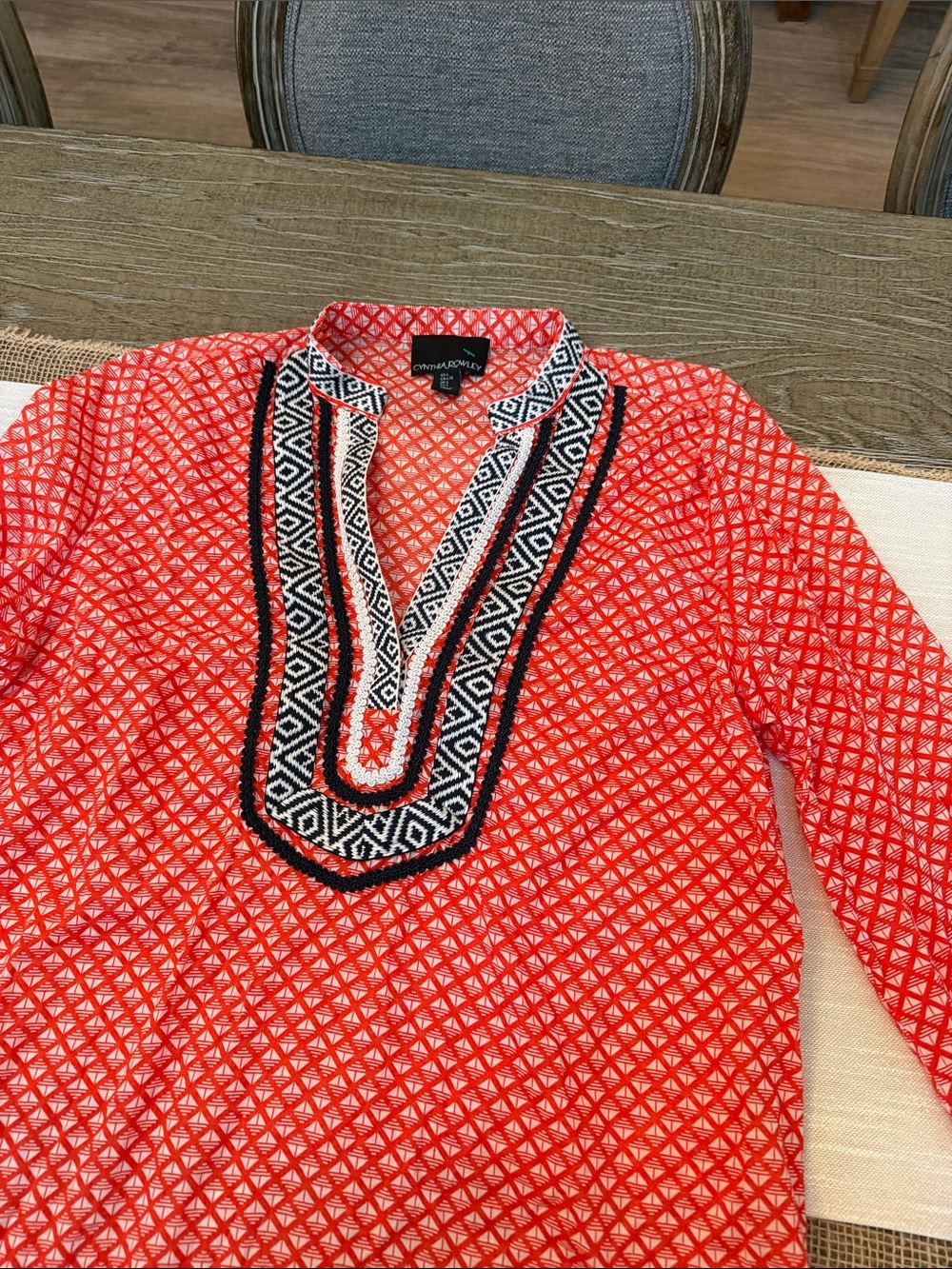 Cynthia Rowley Coral-Red Geometric Tunic with Black and Cream Trim